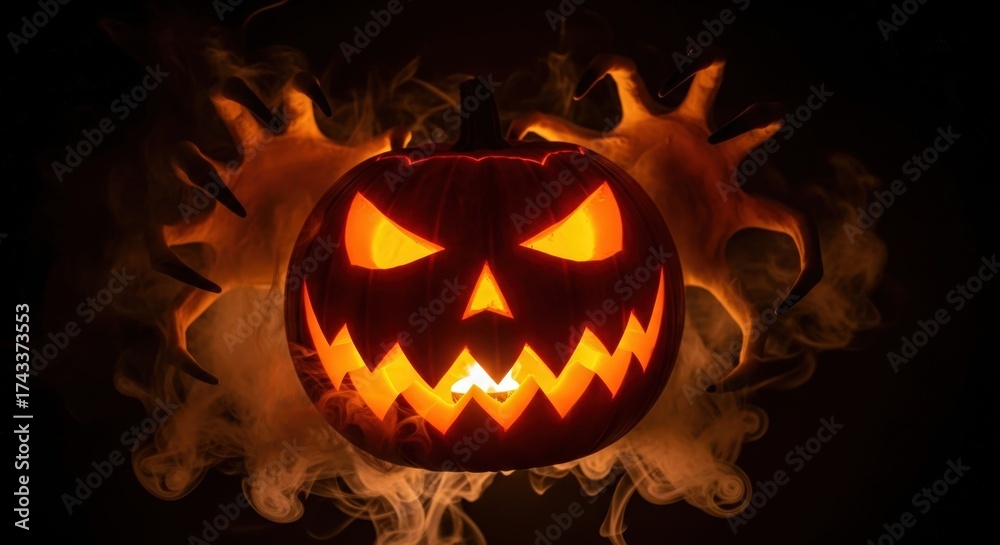 Fototapeta premium A carved halloween pumpkin with a scary face glowing orange, surrounded by smoke and dark background