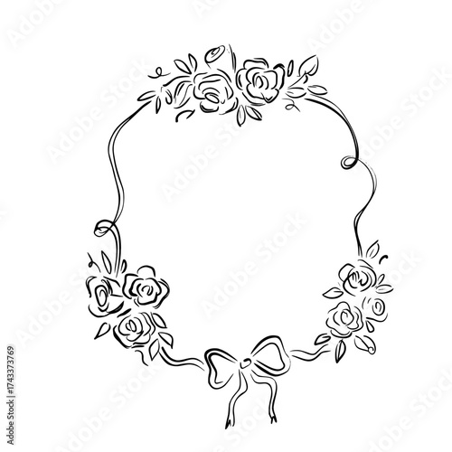 Vintage floral frame with bow and roses. Whimsical quickly sketch vector illustration in elegant Victorian style. Great for invitations, wedding decor, stationery, packaging, branding, birthday cards