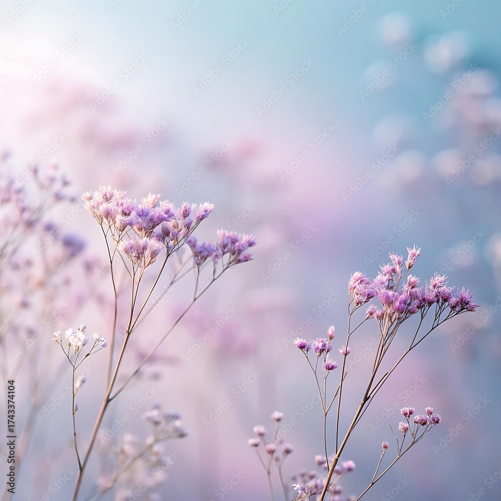 Obraz premium Soft focus delicate lavender pink wildflowers in gentle sunlight gentle bloom