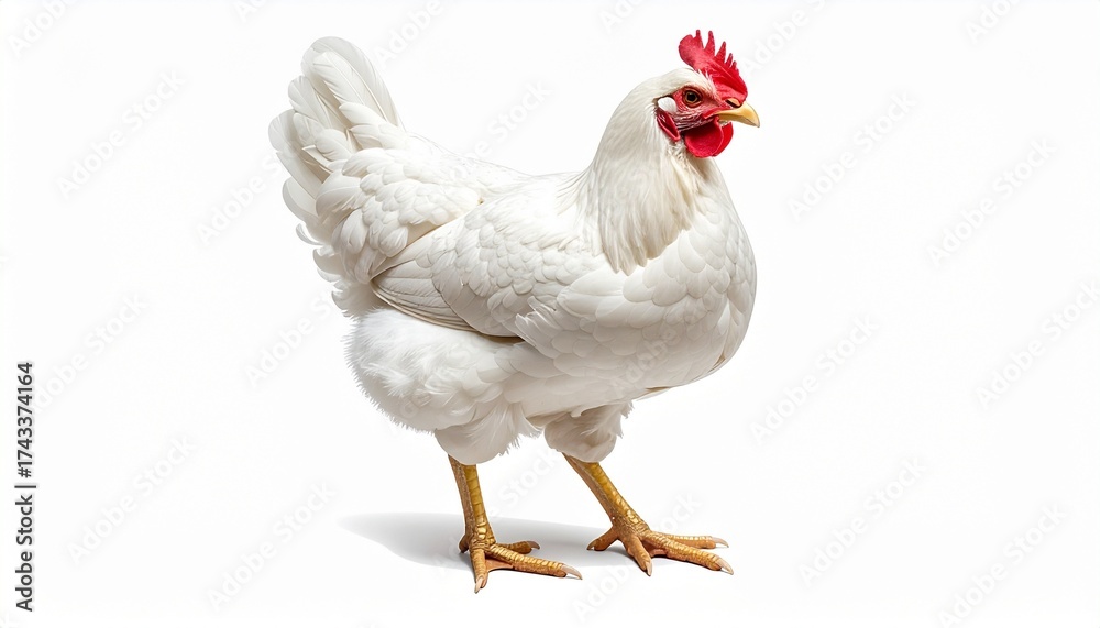 Fototapeta premium Describe a white chicken with red comb and wattles, yellow legs, and well-defined feathers, pecking at grains on a white background. Highlight its healthy appearance and relevance to poultry farming.