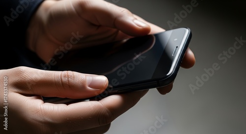 Close-up of person's hands holding a black smartphone with blank screen, ideal for showcasing mobile apps or digital lifestyle, concept for mobile banking, digital payment and social media marketing