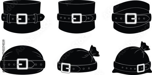 Belt buckle vector, silhouette strap design, wrapped object illustration, fashion accessory, black white icon, pouch leg concept, minimal style