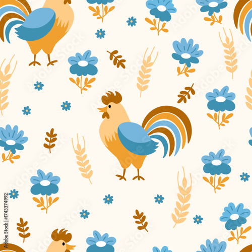 Rooster and flowers seamless background