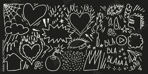 Doodle punk illustration set. Crayon pencil draw in  sketchy style. Blackboard chalk art. Hearts, eyes, clouds, speech bursts, and grunge symbols. Vector collage, comic, urban street design.