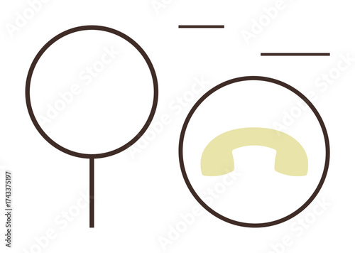 Simple linework forming a circular shape thumbs up a magnifier and a telephone handset within a circle. Ideal for research, communication, connection, inquiry, analysis, technology, dialogue. Simple