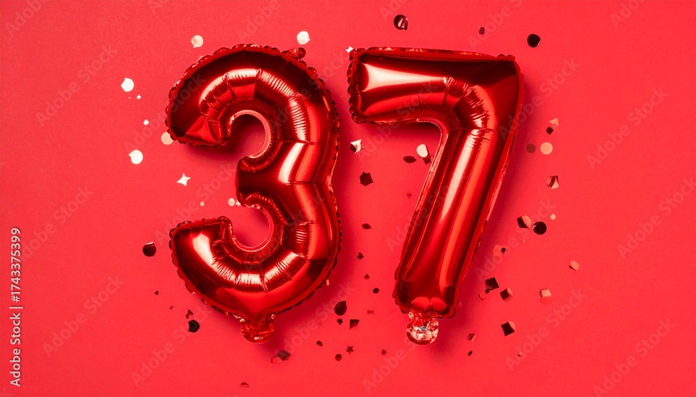 Fototapeta premium Red balloon number 37 with confetti on solid colored background. Photo for anniversary or birthday party