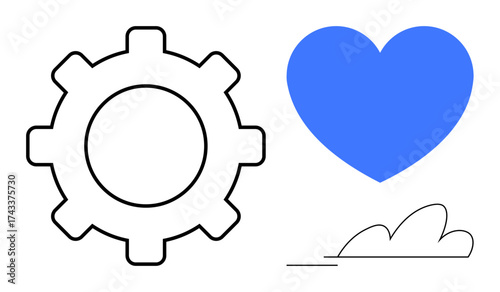 Gear symbol next to blue heart and minimalist cloud. Ideal for technology, emotions, teamwork, innovation, sustainability, creativity, connection. A simple flat metaphor for harmony between logic