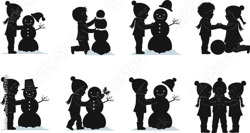 Children building snowman vector set, black silhouette illustration, winter activity scene, festive holiday moment, outdoor play, seasonal graphic elements