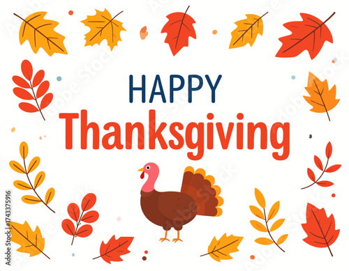 A festive "Happy Thanksgiving" greeting surrounded by colorful autumn leaves and a cartoon turkey, celebrating the harvest season.