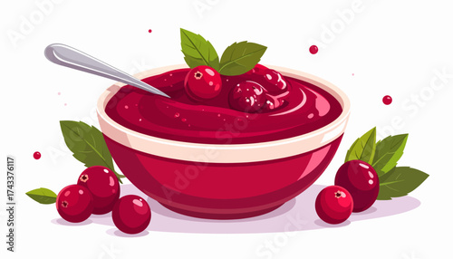 A bowl of cranberry sauce is presented with a spoon, garnished with fresh cranberries and green leaves.