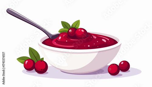 A white bowl of vibrant red cranberry sauce with a spoon, garnished with fresh cranberries and green leaves.