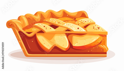 A slice of apple pie with a lattice crust, showcasing the filling and golden-brown crust.