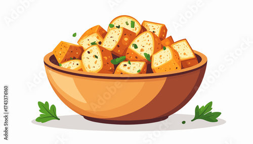 An illustration of a wooden bowl filled with golden-brown cubed potatoes and garnished with fresh green parsley.