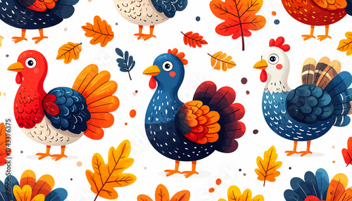 A charming and colorful illustration featuring a repeating pattern of stylized turkeys and autumn leaves, evoking a festive harvest or Thanksgiving theme.