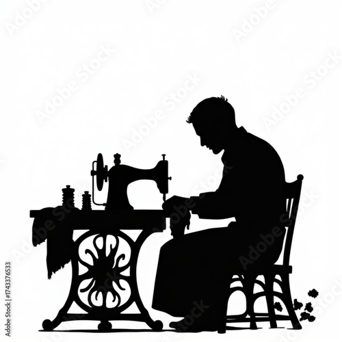 Silhouette of Craft: The artisan, engrossed in the craft of dressmaking, meticulously guides cloth beneath the needle of a vintage sewing machine. A moment of focused skill and artistry is captured.
