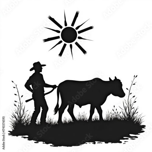 A Labor of the Land: A farmer, silhouetted against the sun, leads a bull through a field, embodying the heart of agricultural toil.