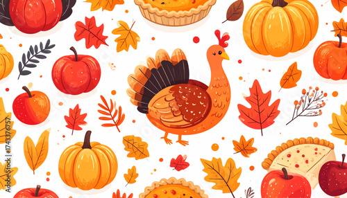 A festive Thanksgiving seamless pattern featuring a cartoon turkey, pumpkins, pies, apples, and autumn leaves.