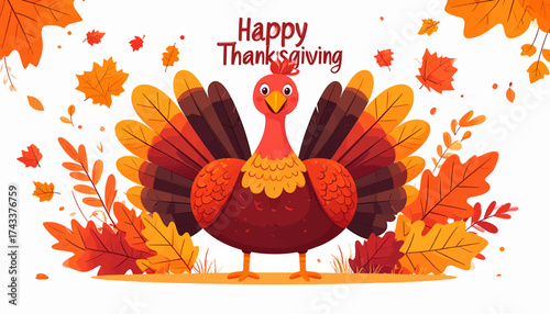 A cheerful cartoon turkey with fanned-out tail feathers stands amidst a vibrant display of autumn leaves, celebrating Happy Thanksgiving with a festive greeting.