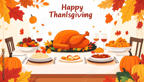 Beautifully set Thanksgiving dinner table featuring a golden roasted turkey, various delicious side dishes, and vibrant autumn foliage.