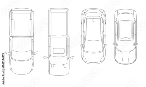 Top view car vector. Set of outline vector car and silhouette. Vector illustration.
