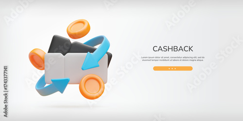 3d cashback coupon landing page. Realistic gift voucher, gold coin and blue arrows around. Money refund, discount banner. Vector concept of cash service on light gray background