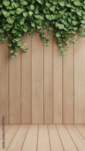 Lush green ivy cascades down textured wooden planks creating a natural vertical garden backdrop.