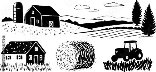 Farm elements including barn, tractor, hay, and house in black and white silhouette. Simple vector illustration of a rural landscape set.