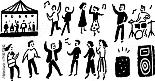 Dance crowd at a lively music event. Simple black and white vector illustration showcasing movement and excitement in a set layout.