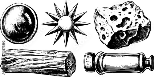Vintage illustration of various natural objects: a sun, stone, wood, and glass. Detailed set showcasing textures in black and white vector format.
