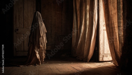A shrouded figure in a dimly lit, aged room