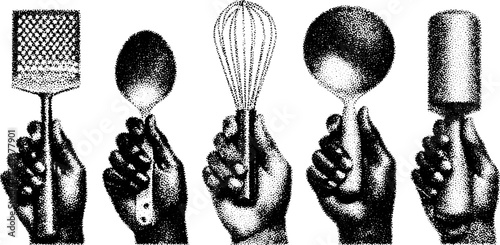 Vintage kitchen tools in hand-drawn style. This black outline vector illustration showcases a set of utensils including a whisk and spoon.
