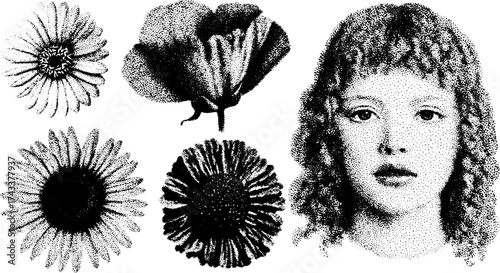 Floral illustrations featuring a girl and various flowers in a vintage style. Vector illustration with stipple and black outline details in this set.