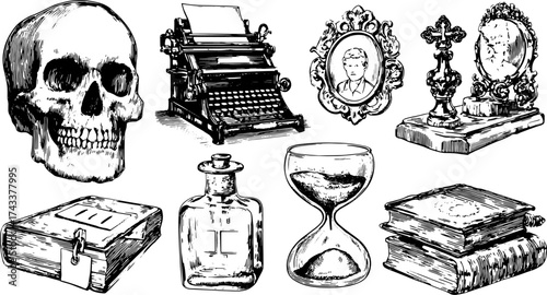 Set of vintage items including a skull, typewriter, and hourglass. Detailed black and white vector illustration featuring classic symbols.