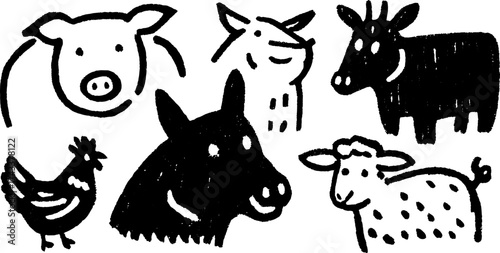Farm animals illustrated in a simple style. The black vector illustration features a set of a pig, chicken, cow, sheep, and goat.