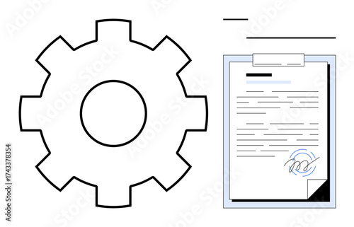 Gear symbol beside signed document, symbolizing process, contracts, optimization. Ideal for business, productivity, planning, automation management agreements organization. Clear simple flat