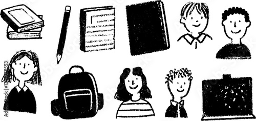 School set with books, students, and a backpack in a simple black and white design. Educational vector illustration for classroom activities.