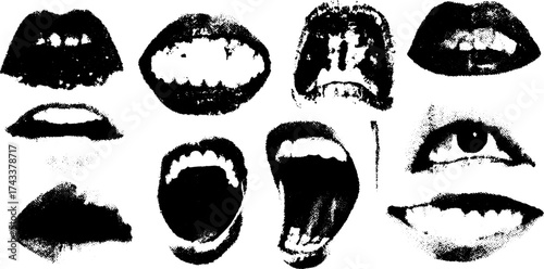 Mouth expressions featuring open and closed forms. Black and white vector illustration set showcasing different lip and teeth designs.