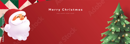 Cute Christmas greeting card or sale banner with cute Santa Claus and Christmas tree on red background with copy space for seasonal promotion and holiday celebration