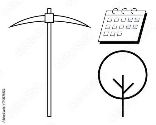 Minimalist pickaxe tool, tree structure, and calendar represent mining, environment, and scheduling balance. Ideal for sustainability, time management, resource planning, ecology minimalism