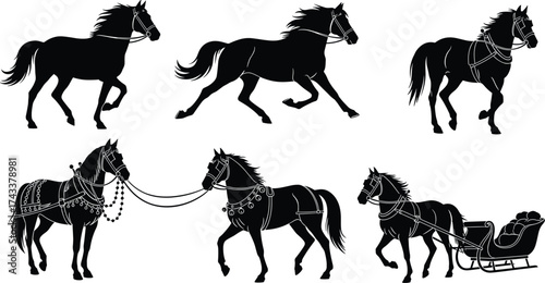 Horse silhouette, sleigh vector, black and white, festive transport, winter scene, harnessed horses, holiday graphic, motion design, seasonal clipart, isolated illustration