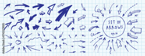 Arrows vector line icon pack. Vector line arrow icon collection. Hand drawn sketch arrows. Curve shape scribble bg. Grunge style design elements for infographic, background, UI and school decor banner