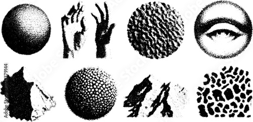 Abstract textures and patterns in a set featuring various shapes such as spheres and hands. Graphic vector illustration in monochrome tones and unique designs.