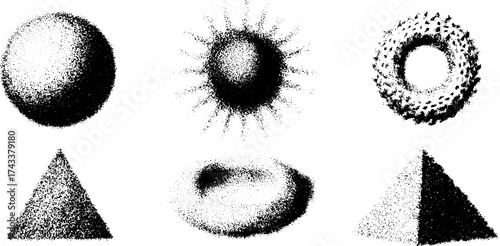 Shapes including a circle, sphere, sun, and triangle with black and white textures. Geometric vector illustration set emphasizing visual contrasts.
