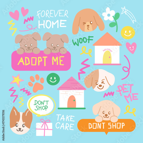 Cute vector illustrations of puppies, house, flowers for adopt and rescue animals, sticker, pet shop, vet, dog cartoon, character, comic, mascot, cute patch, foster home, shelter, forever home, woof
