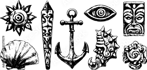 Set of tiki symbols including an anchor, shell, eye, and mask. Black-and-white vector illustration suitable for various design projects.