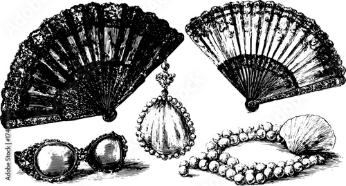 Vintage fan and jewelry set. Ornate glasses, pearls, and shell pendant in detailed black and white vector illustration.