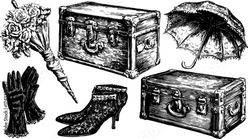 Vintage accessory set illustrated, featuring a trunk, elegant umbrella, and chic shoe. Detailed black and white vector illustration.