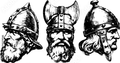 Viking warrior portraits showcasing detailed helmets and bearded figures in a black and white vector illustration set emphasizing historical design.