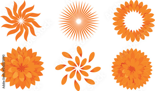 Orange floral burst, petal mandala, abstract sun design, radial symmetry, layered flower icon, vector art, decorative motif, seamless pattern
