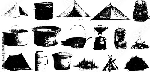 Camping gear set illustration featuring tents, lantern, pot, and backpack. Black and white vector artwork showcasing essential outdoor equipment.